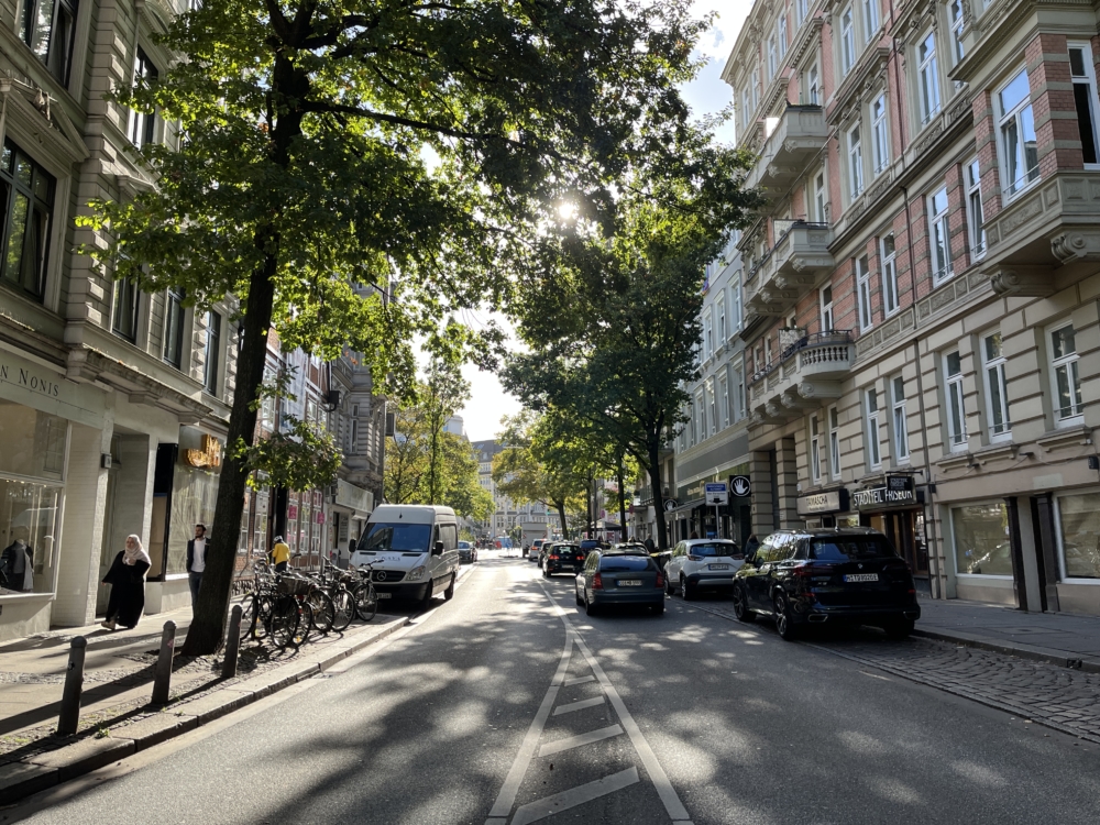 Bäume und Althäuserfassaden säumen die beliebte Einkaufsstraße in Hamburg St. Georg, die Lange Reihe. 