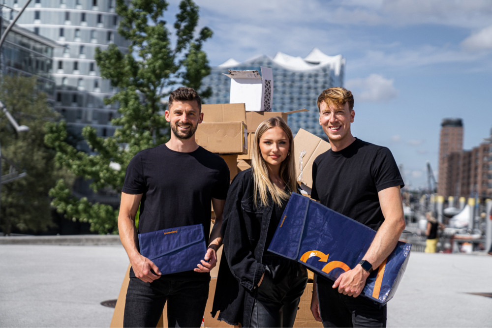 Das Lead-Team vom Hamburger Start Up boomerrang Christian Putz, Katharina Kreutzer und Gründer Marc Engelmann in der HafenCity 