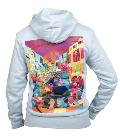 Die Rückseite des Kampagnen-Hoodies „Hamburg für immer“ zeigt das pulsierende Leben auf der Großen Freiheit