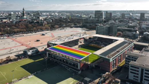 Das Millerntor-Stadion mit dem geplanten Regenbogen-Solarfeld