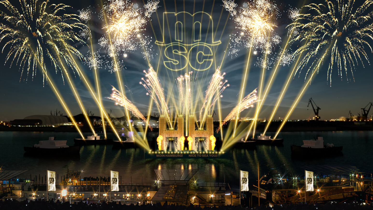 Feuerwerk an den Landungsbrücken. MSC und Hamburg Logo