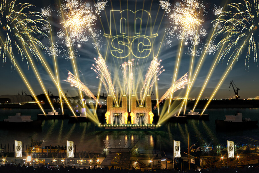 Feuerwerk an den Landungsbrücken. MSC und Hamburg Logo