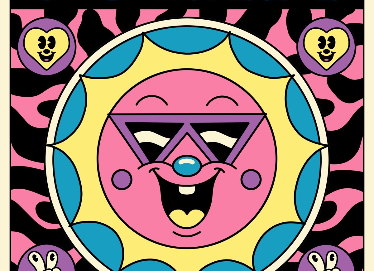 Bunte Illustration zur Veranstaltung Stay Sunny mit fröhlichem Smiley in der Mitte