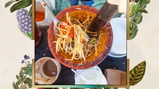Illustration vom Thaimarkt mit einem Foto von thailändischer Speise