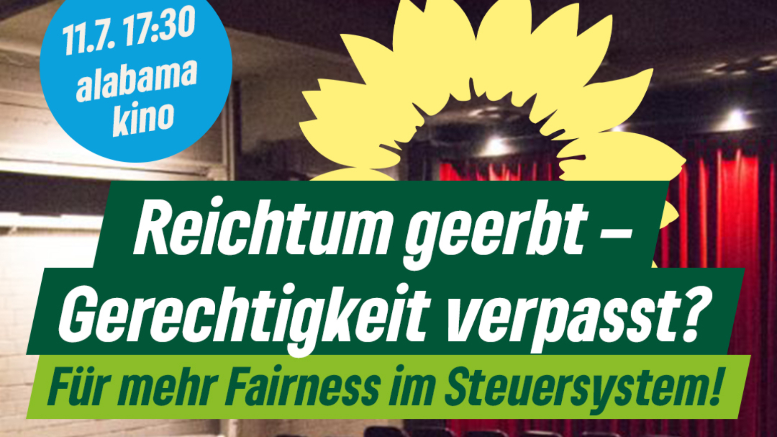 Illustration obere Hälfte mit dem Text "Reichtum geerbt - Gerechtigkeit verpasst?" - untere Hälfte 2 Frauen und 1 Mann
