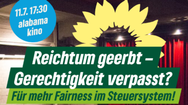 Illustration obere Hälfte mit dem Text "Reichtum geerbt - Gerechtigkeit verpasst?" - untere Hälfte 2 Frauen und 1 Mann