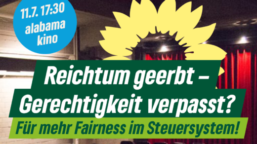 Illustration obere Hälfte mit dem Text "Reichtum geerbt - Gerechtigkeit verpasst?" - untere Hälfte 2 Frauen und 1 Mann