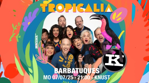 Illustration vom Barbatuques-Event mit Leuten in der Mitte und unterschiedlichen Farben an den Rändern
