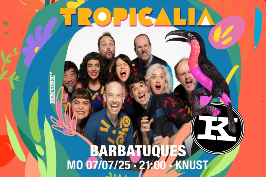 Illustration vom Barbatuques-Event mit Leuten in der Mitte und unterschiedlichen Farben an den Rändern