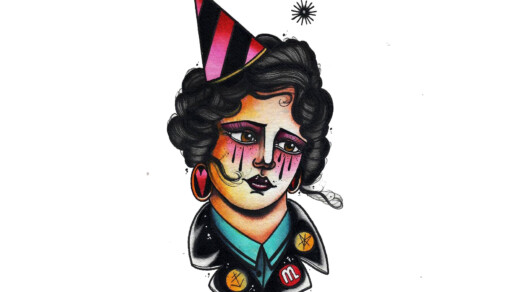 Portrait Illustration Clown mit schwarzen Tränen und Partyhut auf