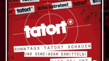 Tatort Logo in weiß mit rotem Hintergrund und Absperrband und Infos zur Veranstaltung