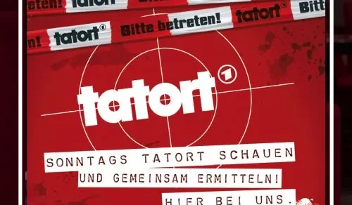Tatort Logo in weiß mit rotem Hintergrund und Absperrband und Infos zur Veranstaltung
