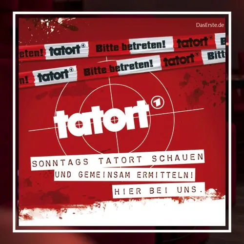 Tatort Logo in weiß mit rotem Hintergrund und Absperrband und Infos zur Veranstaltung