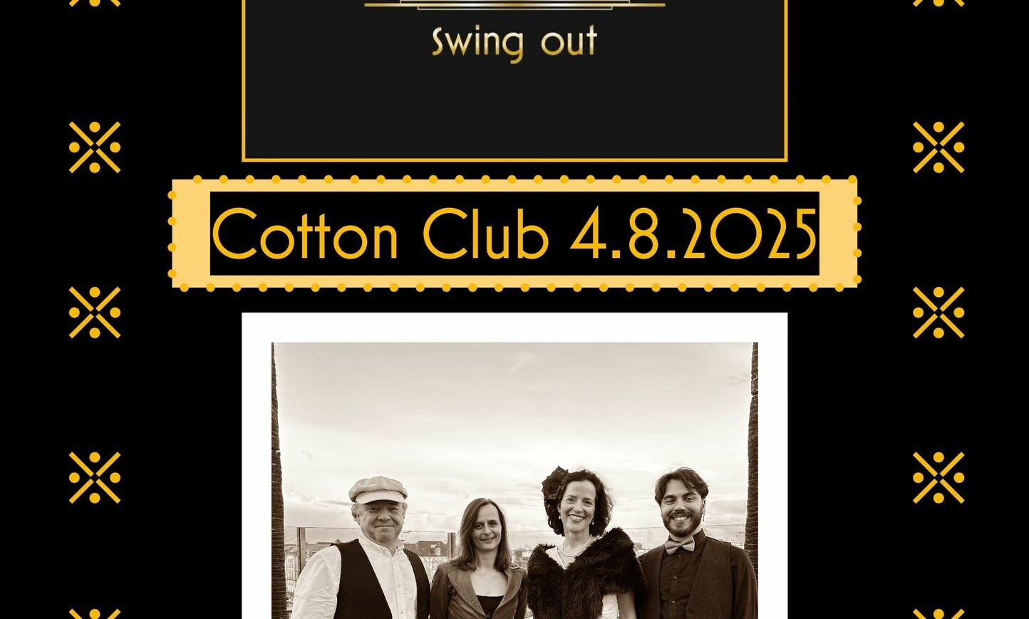 Veranstaltungsankündigung für Ladazoo im Cotton Club am 4. August 2025 mit Gruppenfoto von vier Personen