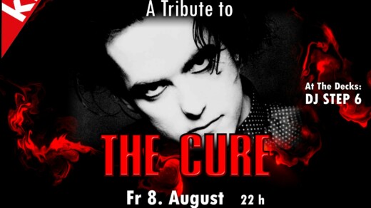 Schwarz weiß Bild. Kopf einer Person im Zentrum und rote Schrift THE CURE