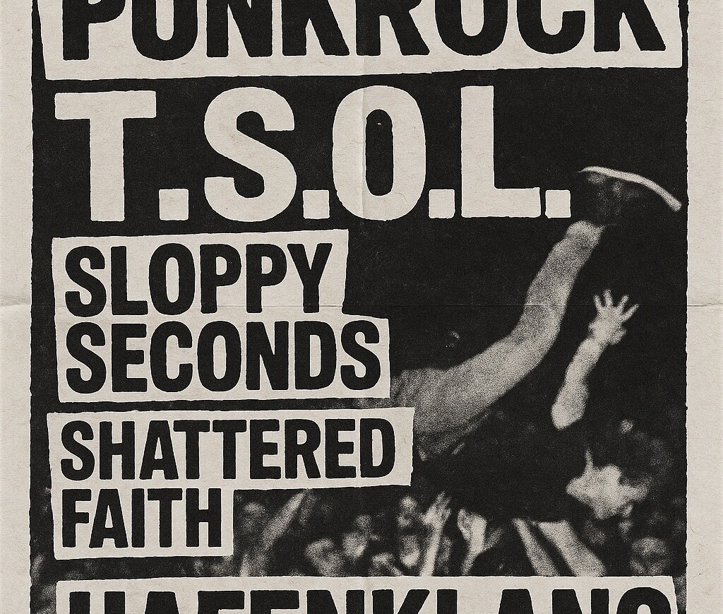 Konzertplakat für Punkrock-Event am 05.08. mit Bands T.S.O.L., Sloppy Seconds, Shattered Faith im Hafenklang