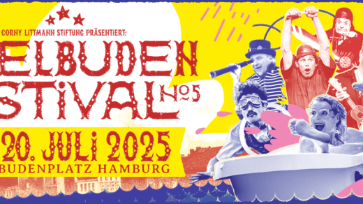 Gelbgrundige Illustration vom Spielbuden Festival mit Personen auf einem Boot an der Seite