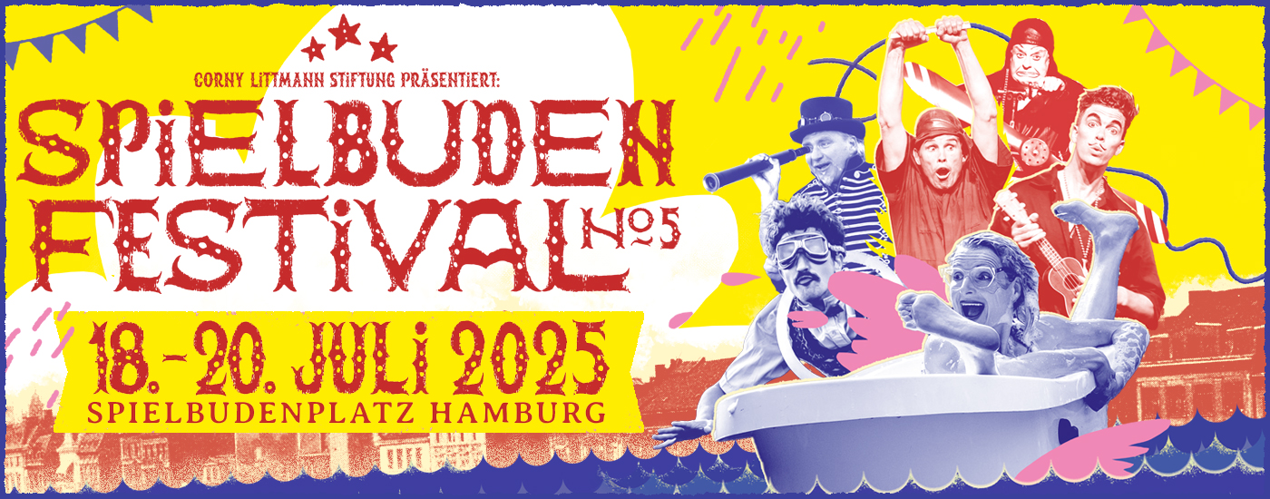 Gelbgrundige Illustration vom Spielbuden Festival mit Personen auf einem Boot an der Seite