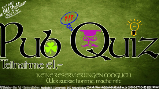 Schriftzug 'Pub Quiz' mit einem grünen Apfel als Buchstabe 'u' und einem pinken Glas als Buchstabe 'Q', dazu ein Glühbirnensymbol über dem Buchstaben 'i'
