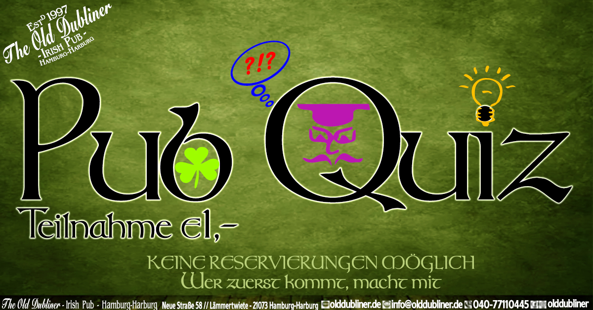 Schriftzug 'Pub Quiz' mit einem grünen Apfel als Buchstabe 'u' und einem pinken Glas als Buchstabe 'Q', dazu ein Glühbirnensymbol über dem Buchstaben 'i'