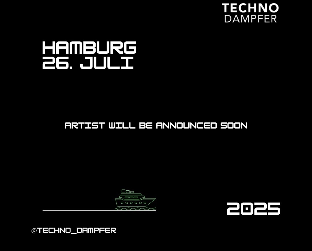 Schwarzer Hintergrund mit weißer Schrift für die Veranstaltung Techno Dampfer