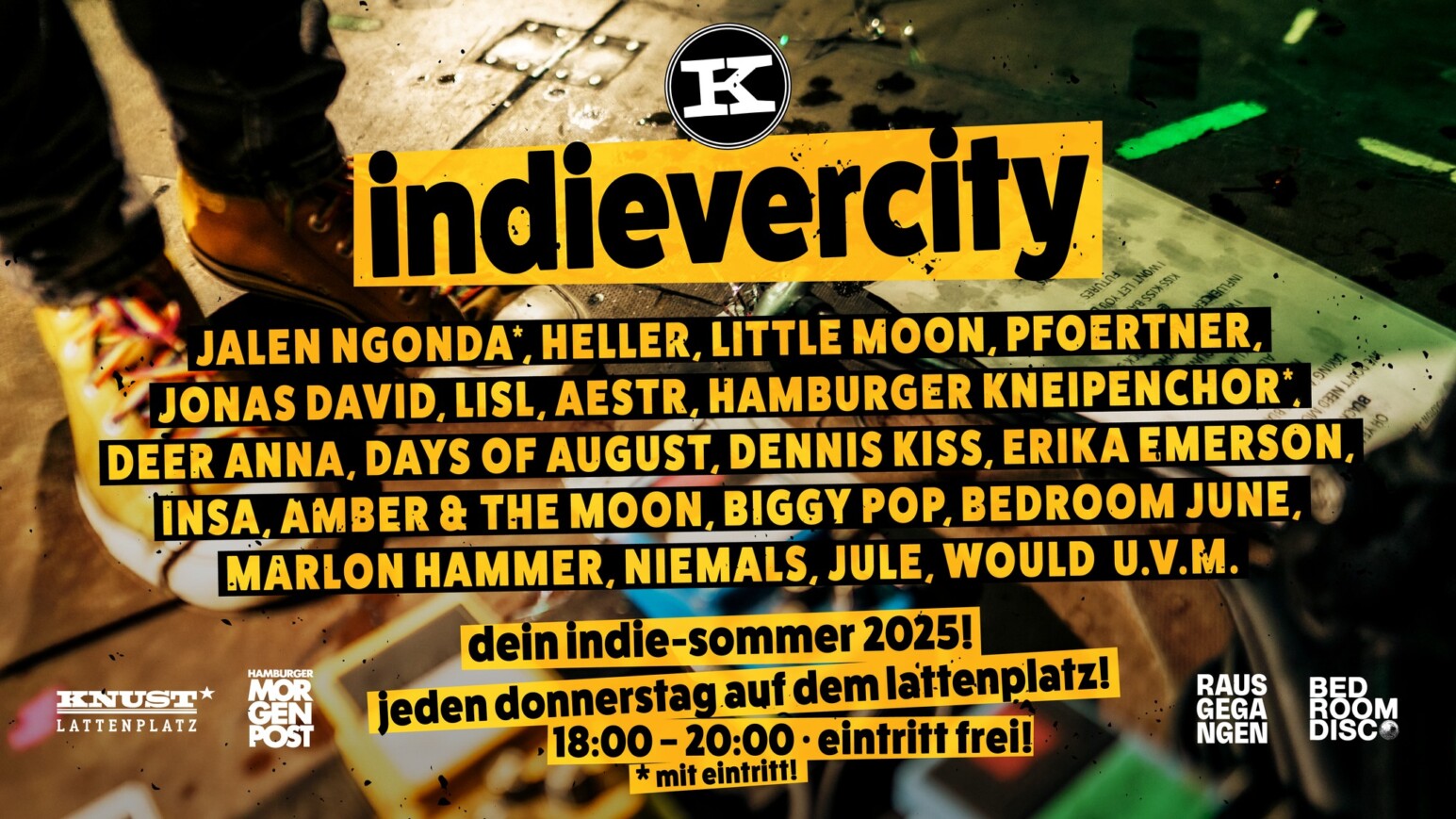 Plakat für 'indieverity' mit Veranstaltungshinweisen und Text in gelber Schrift auf dunklem Hintergrund