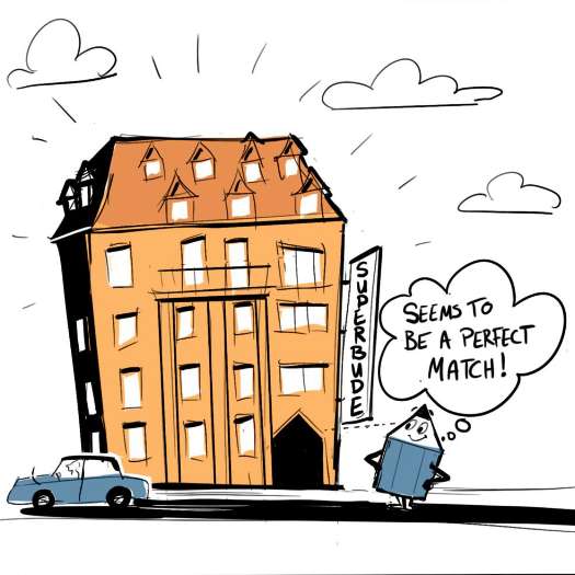 Zeichnung von der Superbude und Männchen davor mit Sprechblase (seems to be a perfect match)