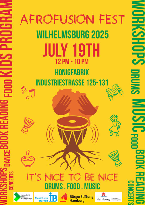 Gelbe Illustration vom Afrofusion Fest in Wilhelmsburg