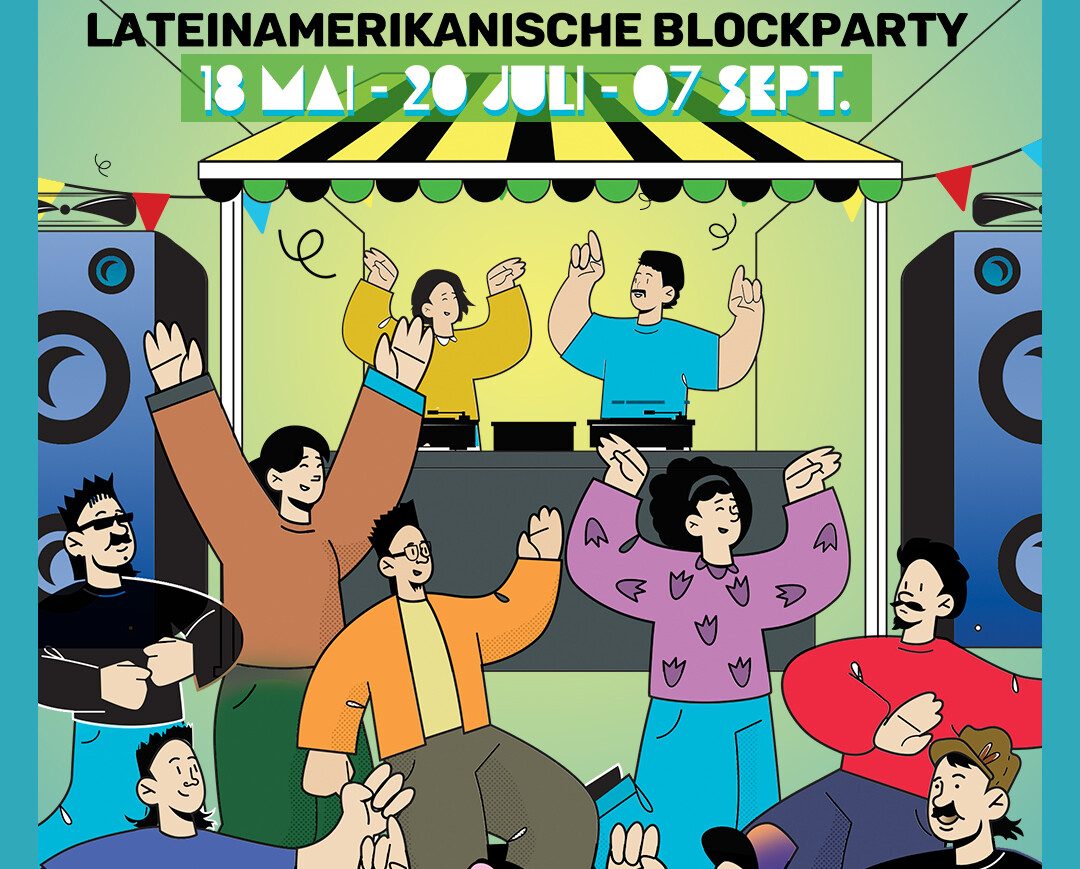 Illustration von Menschen die Tanzen vor einem DJ Pult