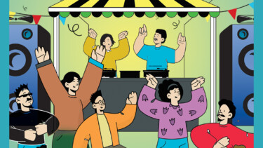 Illustration von Menschen die Tanzen vor einem DJ Pult