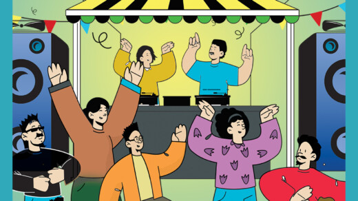 Illustration von Menschen die Tanzen vor einem DJ Pult