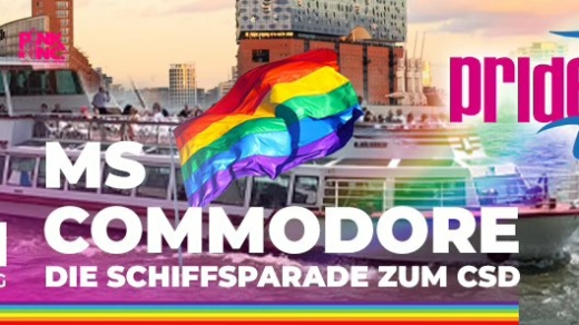 Foto eines Schiffs zur Pride Ahoi mit der Schrift MS Commodore