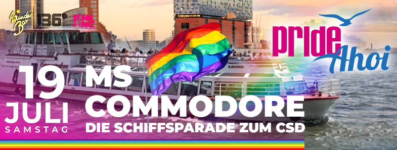 Foto eines Schiffs zur Pride Ahoi mit der Schrift MS Commodore
