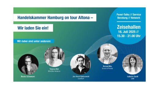 Handelskammer on Tour am 16.7. in den Zeisehallen. Grünes Plakat mit den Abbildungen der Speakerinnen und Speaker