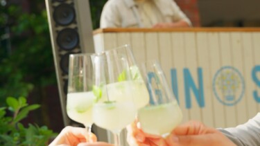 Vier Hände stoßen mit Cocktails an, im Hintergrund spielt ein DJ Musik.