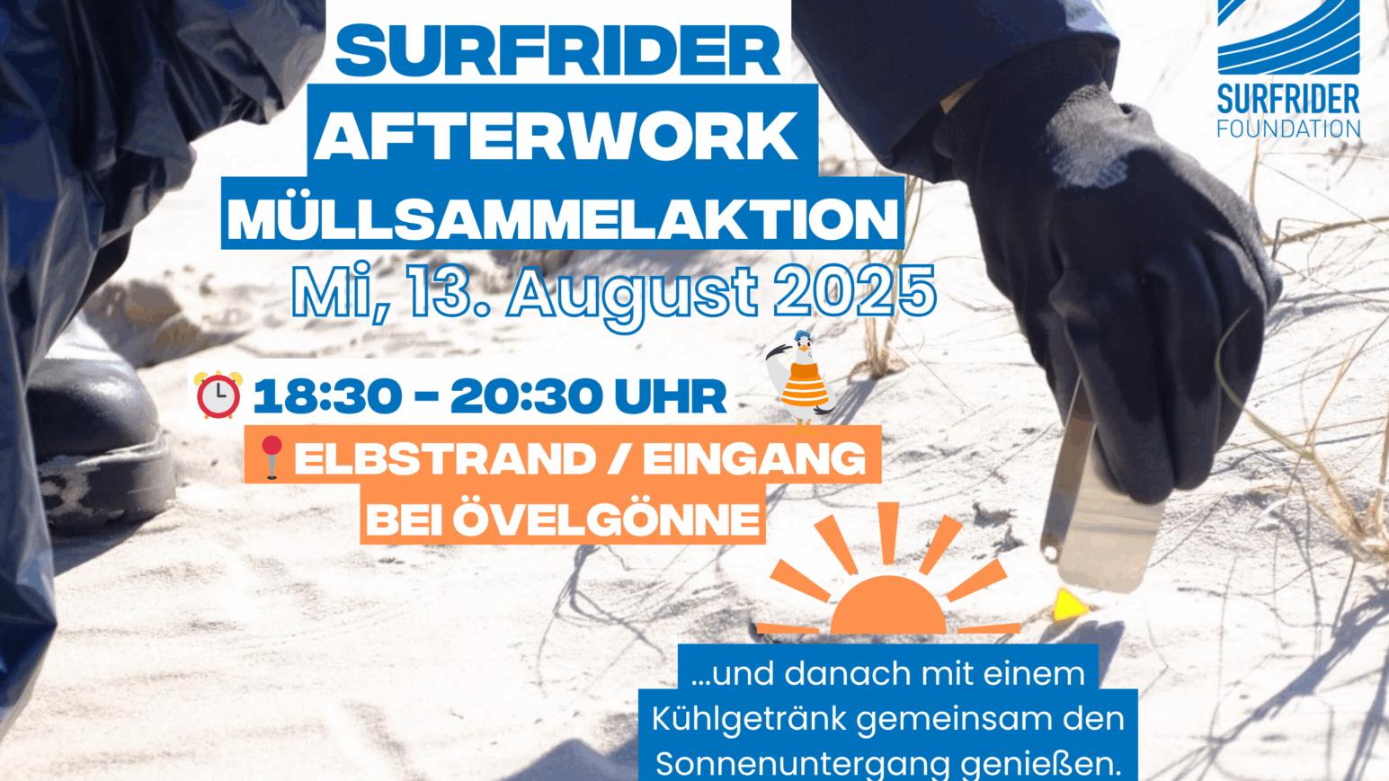 Flyer zur Surfrider Afterwork Müllsammelaktion am Mittwoch, 13. August 2025 von 18:30 bis 20:30 Uhr am Elbstrand, Eingang Övelgönne. Danach gemeinsames Getränk beim Sonnenuntergang.