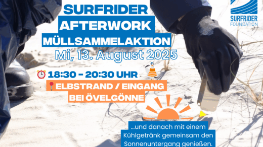 Flyer zur Surfrider Afterwork Müllsammelaktion am Mittwoch, 13. August 2025 von 18:30 bis 20:30 Uhr am Elbstrand, Eingang Övelgönne. Danach gemeinsames Getränk beim Sonnenuntergang.