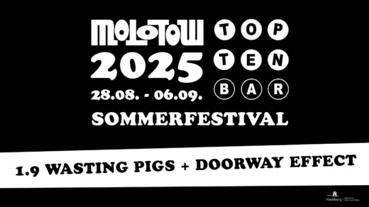 Schwarzes Plakat mit weißem Text: 'Molotow 2025', 'Top Ten Bar', '28.08. - 06.09.', 'Sommerfestival', '1.9 Wasting Pigs + Doorway Effect'