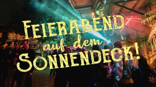 Illustration von Feierabend auf dem Sonnendeck: Menschen bei einer Feier unter einem Dach mit Disco-Kugel und Lichtstrahlen, Text 'Feierabend auf dem Sonnendeck! Jeden Donnerstag ab 18 Uhr'