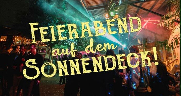 Illustration von Feierabend auf dem Sonnendeck: Menschen bei einer Feier unter einem Dach mit Disco-Kugel und Lichtstrahlen, Text 'Feierabend auf dem Sonnendeck! Jeden Donnerstag ab 18 Uhr'