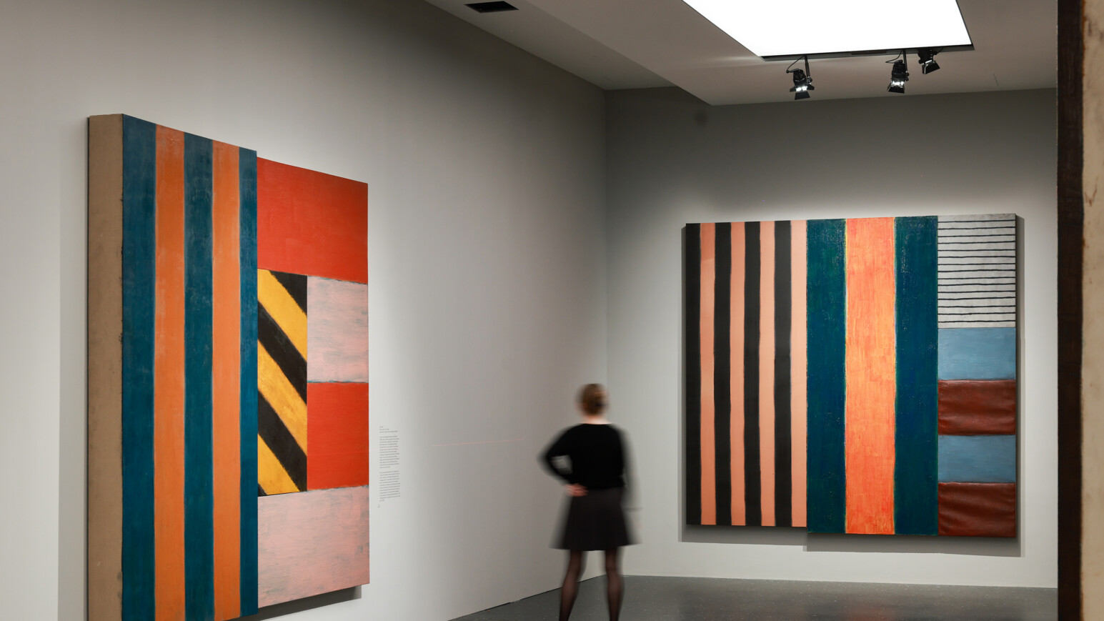 Person betrachtet zwei große abstrakte Gemälde mit vertikalen Streifen und geometrischen Formen in einer Galerie