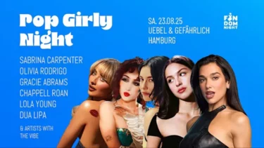 Illustration mit verschiedenen Girl-Pop Stars vor blauem Hintergrund zur Pop Girly Night