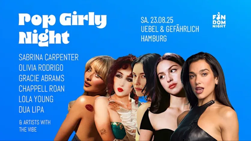 Illustration mit verschiedenen Girl-Pop Stars vor blauem Hintergrund zur Pop Girly Night