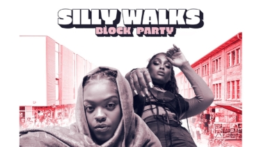 Illustration mit Personen und Schrift zur Silly Walks Blockparty