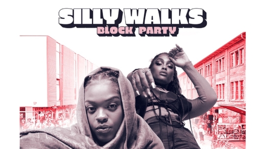 Illustration mit Personen und Schrift zur Silly Walks Blockparty