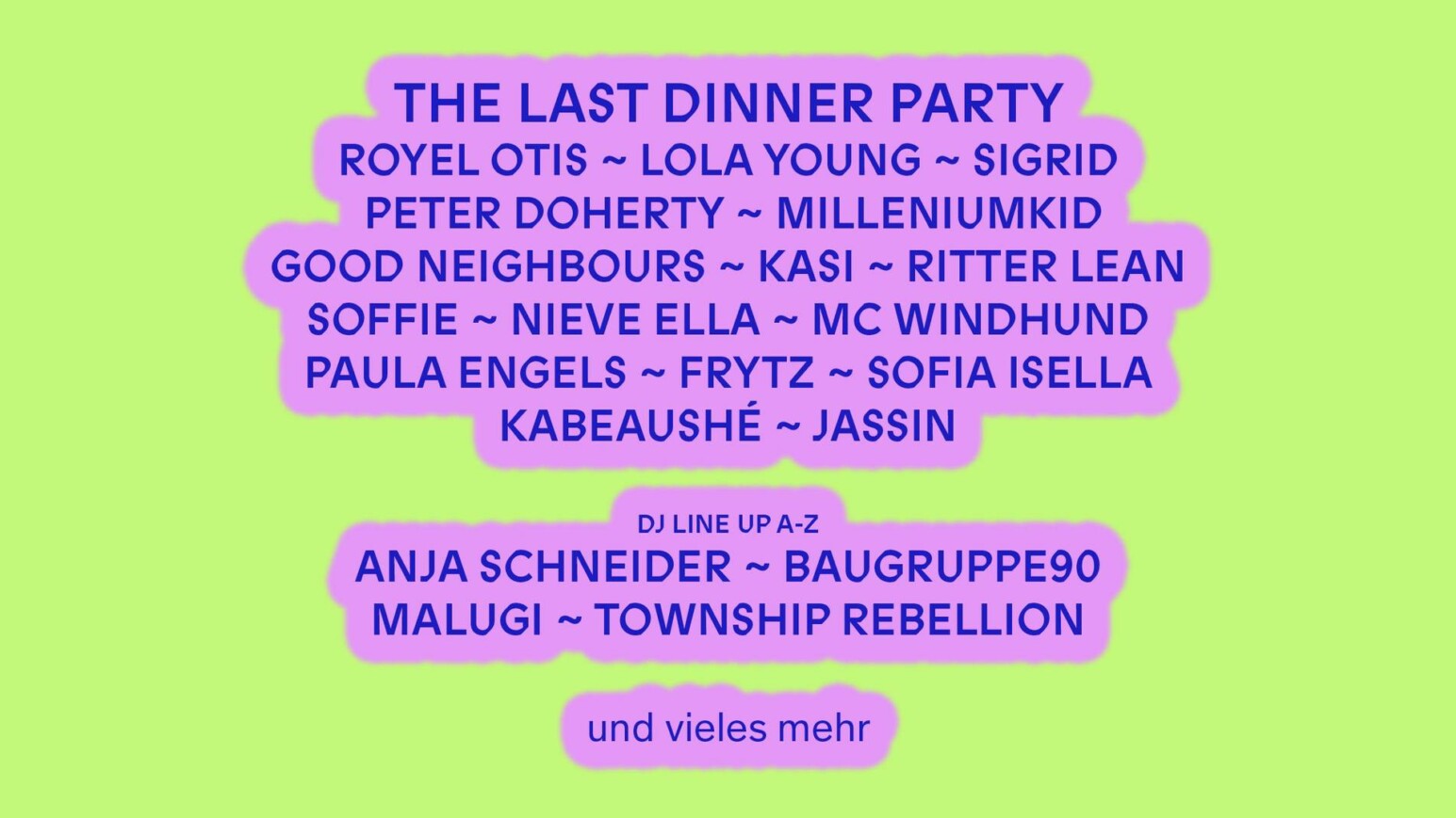 Gelber Hintergrund mit Lila Schrift zum Line Up vom MS DOCKVILLE 2025