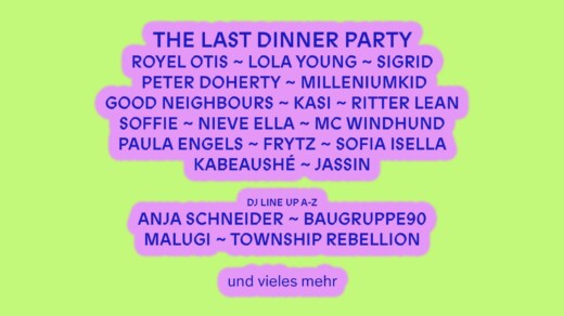 Gelber Hintergrund mit Lila Schrift zum Line Up vom MS DOCKVILLE 2025