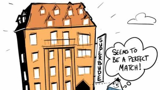 Illustration - Haus (Superbude) Person davor mit Sprechblase (Seems to be a perfect match)
