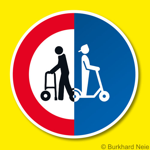 Ein Schild rund zweigeteilt vor gelbem Hintergrund - Eine Figur mit einem Rollator vor einem weißen Hintergrund mit roten Rand - Auf der anderen Seite eine Figur auf einem Roller vor blauem Hintergrund