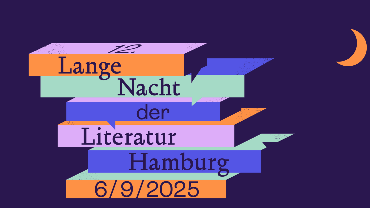 Illustration - Bücher auf denen jeweils ein Wort auf dem Buchrücken steht - Insgesamt: Lange Nacht der Literatur Hamburg 6/9/2025